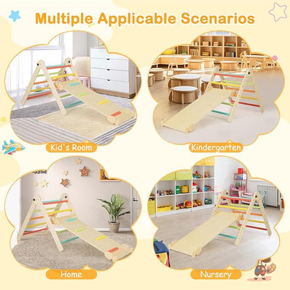 HONEY JOY Climbing Toys for Toddlers, 4 in 1 Foldable Wooden Montessori Kids Triangle Climber, Double Side Ramp & Climber, Baby Learning Indoor Climbing Ladder Gym for Boys Girls (Colorful)