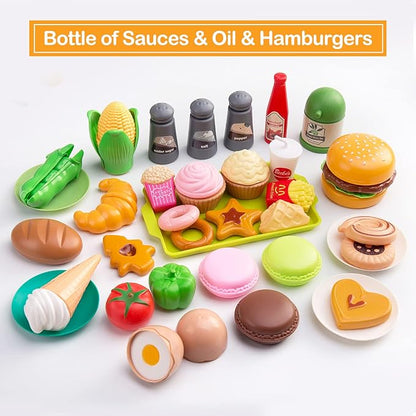 130Pcs Kitchen Playset, Toddler Pretend Cooking Play Pots, Pans, Utensils Cookware, Daily Food Fruit Veges, Shopping Storage Basket, Dessert, Prop Money, Learning Gift for Child （White）