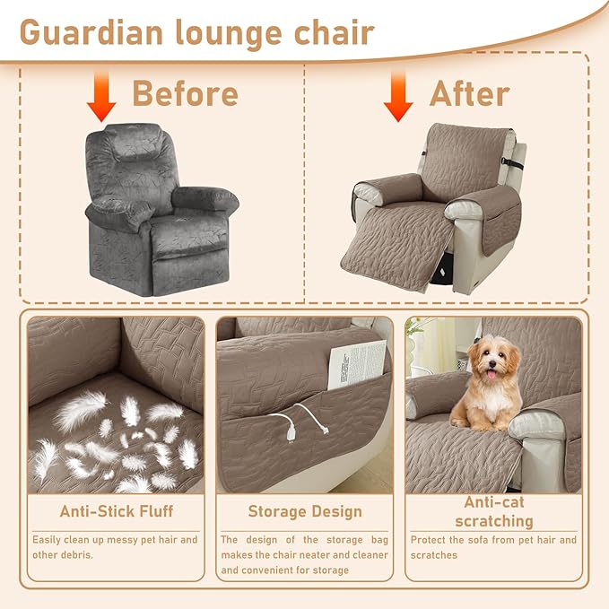 100% Waterproof Recliner Chair Covers for Reclining Chair, Large Recliner Covers That Stay in Place, Non-Slip Recliner Armchair Cover with Pockets for Kids, Pets, Dogs, Cat, Washable,Khaki,28IN