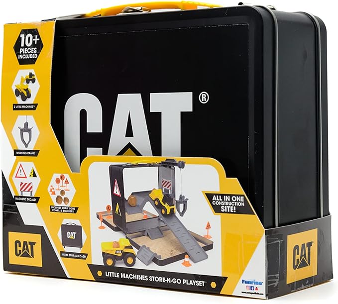 CAT Construction Toys, Store N Go Construction Playset with Travel Case, Ages 3+, 2 Little Machines Vehicles & Assortment of Construction Site Accessories, Quality, Durable & Realistic