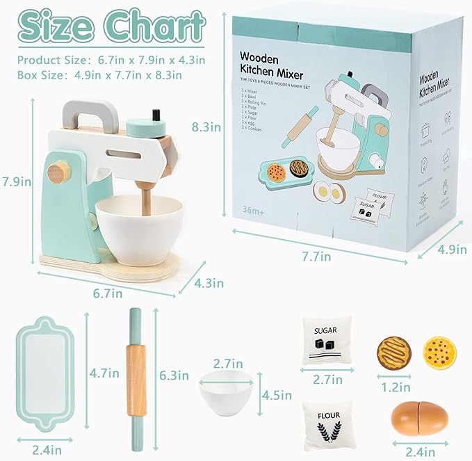 Play Kitchen Accessories, Frogprin Wooden Toy Mixer Set, Pretend Play Food Sets for Kids Kitchen - Includes Extra Egg, Rolling Pin, Cookies, Sugar, Flour