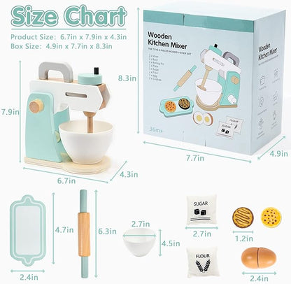 Play Kitchen Accessories, Frogprin Wooden Toy Mixer Set, Pretend Play Food Sets for Kids Kitchen - Includes Extra Egg, Rolling Pin, Cookies, Sugar, Flour