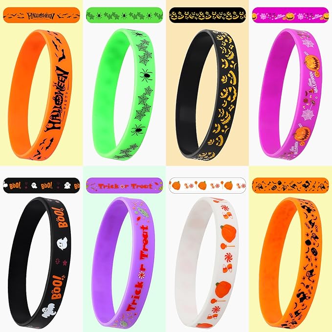 JUNEBRUSHS Halloween Party Favors, 24pcs Halloween Silicone Bracelets Rubber Wristbands for Halloween Party Decorations Trick or Treat Goodie Bag Stuffers Fillers Accessories Supplies(8 Designs)