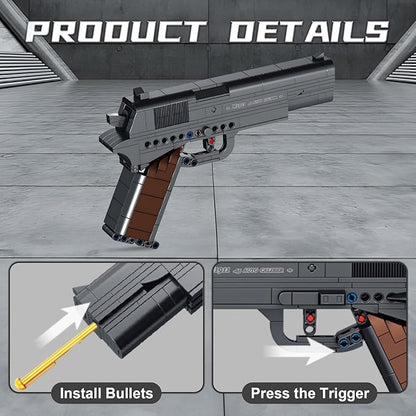 Finger Rock M1911 Pistol Model Guns Building Blocks Toy Set, DIY Simulation Handheld Gun Mechanical Model Kits, 333 pcs Collectible Construction Shootable Sniper Toys Gifts for Teens Boys Aged 14+