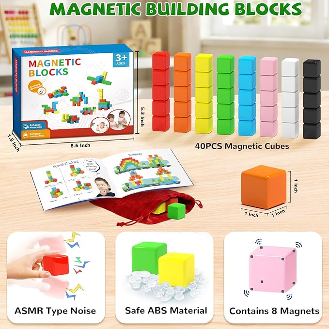 Hiwawind 40pcs Magnetic Blocks -Ideal Gifts for 3 4 5 6 Year Old,STEM Learning Toys for 3-5 Year Old Boys & Girls, Safe & Strong Building Blocks with ASMR Sounds,Classroom Must Haves