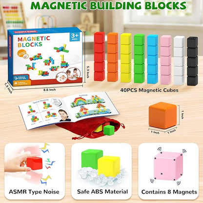 Hiwawind 40pcs Magnetic Blocks -Ideal Gifts for 3 4 5 6 Year Old,STEM Learning Toys for 3-5 Year Old Boys & Girls, Safe & Strong Building Blocks with ASMR Sounds,Classroom Must Haves
