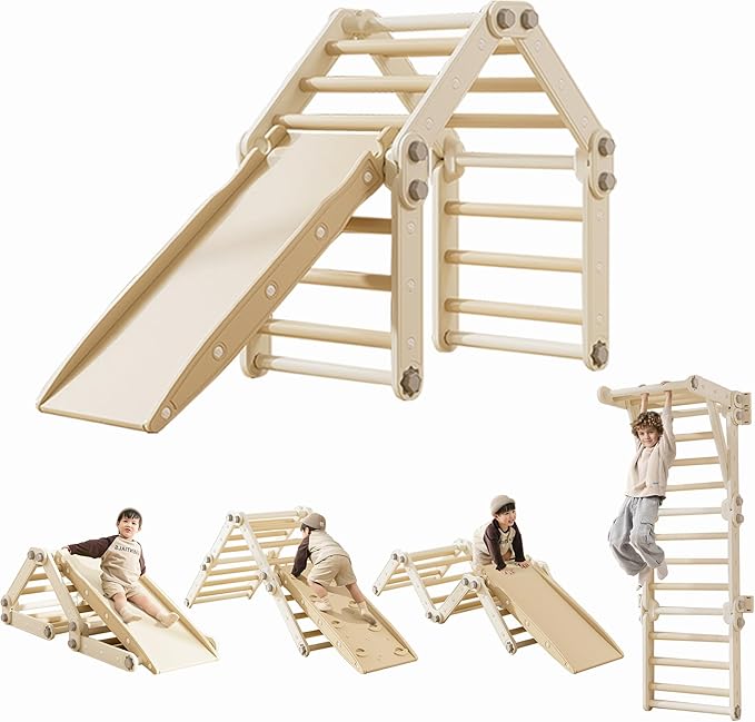 Montessori Climbing Set,Kids Pikler Triangle Set,Plastic Toddler Climbing Toys,Multifunction Foldable Indoor Kids Gym with Slide(Gray)