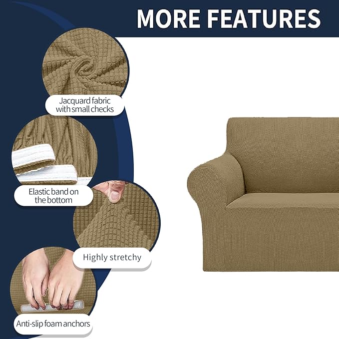 2025 New Stretch Oversized Sofa Slipcovers Couch Sofa Cover for 4 Seater Furniture Protector Covers with Elastic Bottom Jacquard Fabric Small Checks for Pets, Kids - Tan