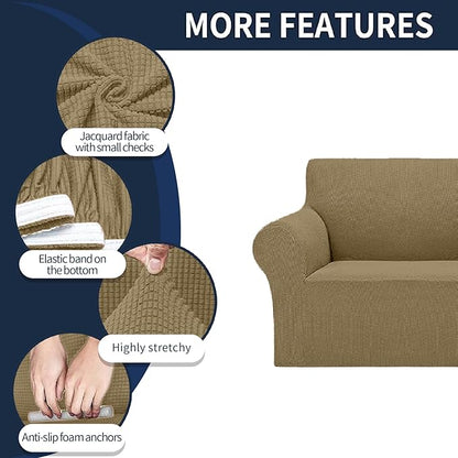 2025 New Stretch Chair Sofa Slipcovers Couch Cover for 1 Seater Furniture Protector Sofa Covers with Elastic Bottom Jacquard Fabric Small Checks for Pets, Kids - Tan