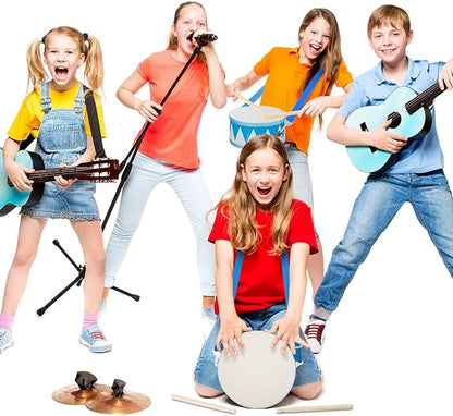 Kids Drum Set 7.87 in Wooden Toy Drum with Adjustable Strap 2 Drumsticks Educational Sensory Musical Instrument Set for Toddlers Kids Baby Toy Gift(Blue Triangle Style)