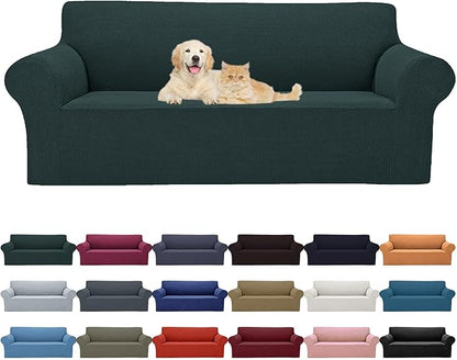 2025 New Stretch Sofa Slipcovers Couch Cover for 3 Cushion Furniture Protector Sofa Covers with Elastic Bottom Jacquard Fabric Small Checks for Pets, Kids -Sofa, Hunter