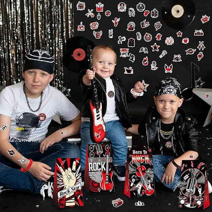 Rock and Roll Party Decorations Favors , Including Gift Bags , Stickers Badge Slap Bracelets Silicone Wristbands DIY Stickers , for Rock Music Theme Party Supplies