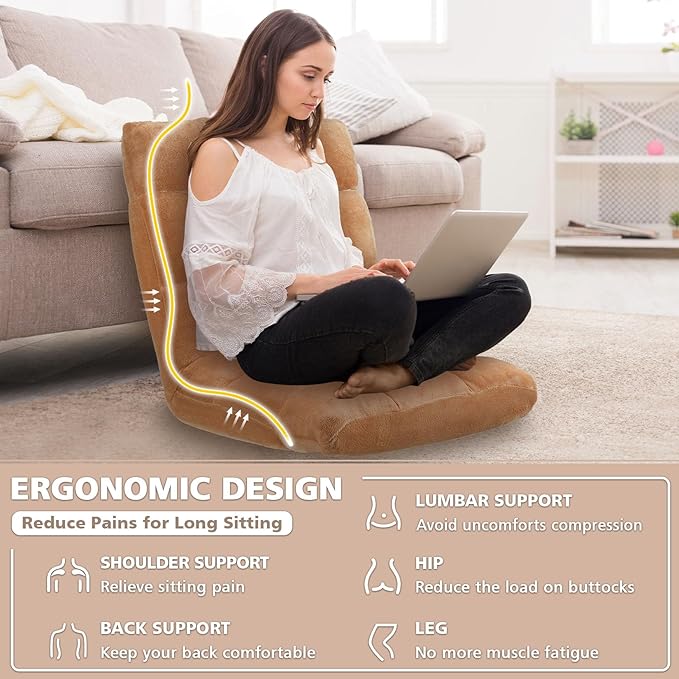 Folding Floor Chair 14-Position Cushioned Adjustable Floor Lazy Sofa Chair w/Breathable Cotton & Skin-Friendly Flannel for Adults & Kids Ideal for Reading Meditating, Camel