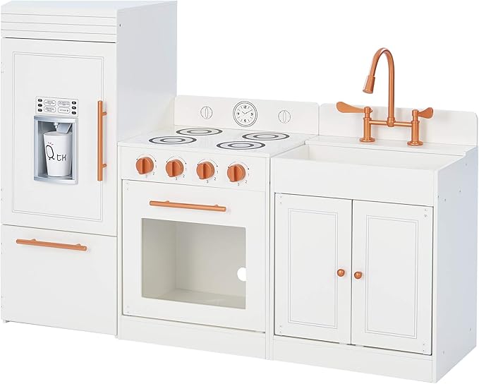 Teamson Kids Little Chef Paris Modular Contemporary Interactive Wooden Play Kitchen with Refrigerator, Oven, Sink, and Storage Space for Easy Clean Up, White with Rose Gold Finishes