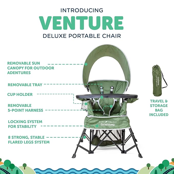Baby Delight Go with Me Venture Portable Chair | Indoor and Outdoor | Sun Canopy | 3 Child Growth Stages | Moss Bud Green