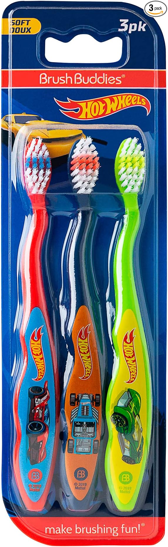 Brush Buddies Hot Wheels Manual Soft Bristled Toothbrush for Kids, Multi-Colored & Fun Toddler Toothbrushes, Anti-Slip Grip Handle, Children's Toothbrush, Kids Travel Toothbrush, 3 Pack