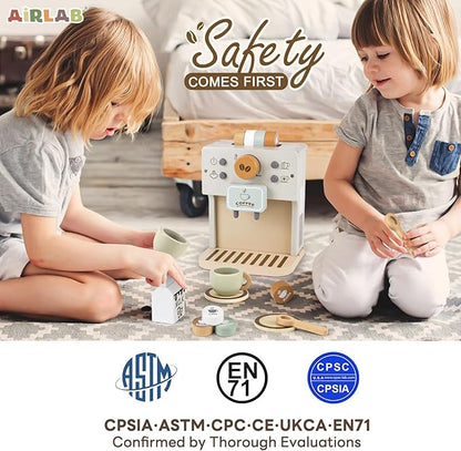 Airlab Toy Coffee Maker for Kids Wooden Kitchen Accessories Pretend Play Toddler Coffee Playset for Girls Boys Ages 3 4 5 Years Birthday Gifts