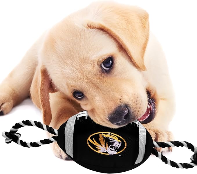 Pets First NCAA Missouri Tigers Nylon Football Dog Toy Tough Quality Nylon Materials, Strong Pull Ropes, Inner Squeaker, Collegiate Team Color