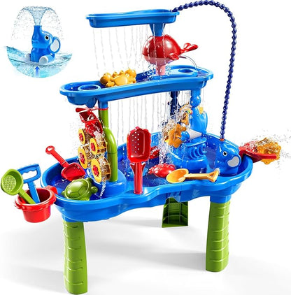 Water Table for Toddlers 1-3 3-5, 3-Tier Water Table for Kids with Water Pump, Water and Sand Sensory Table Beach Outdoor Toys for Kids Toddlers Age 3 4 5 6 7 8 Boys Girls