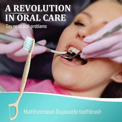 Travel Toothbrush Dental Floss Picks - 4 in 1 Biodegradable Disposable Toothbrushes with Tongue Scraper, Eco-Friendly Individually Wrapped Toothbrush for Adult Kids Travel Oral Care, 20 Pack