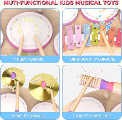Toddlers Drum Set Toys for 1 2 3 Year Old Girls,Montessori Music Toy for Toddlers 1-3,Baby Drum with Xylophone,Musical Instruments Toy, Kids Birthday Gifts for Baby 18+ Months (Pink)