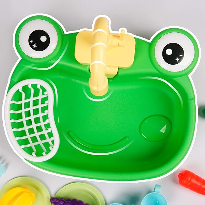 Ruibytree Play Kitchen Sink Toy, Water Toys for Kids with Electronic Dishwasher, Pretend Play Utensils Accessories and Play Cutting Food for Boys and Girls (Cute Frog)
