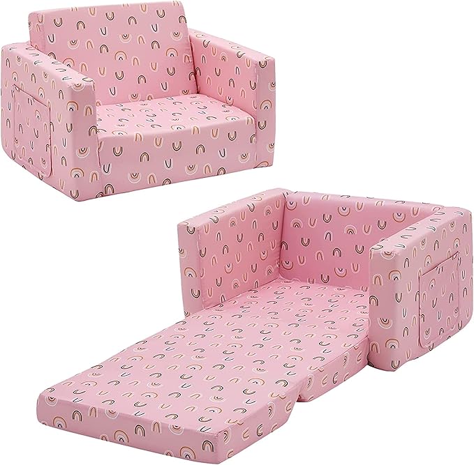 Ulax furniture Kids Sofa Chair Children FILP-Out Chair 2-in-1 Convertible Sofa to Sleeper Couch (Pink Rainbow)