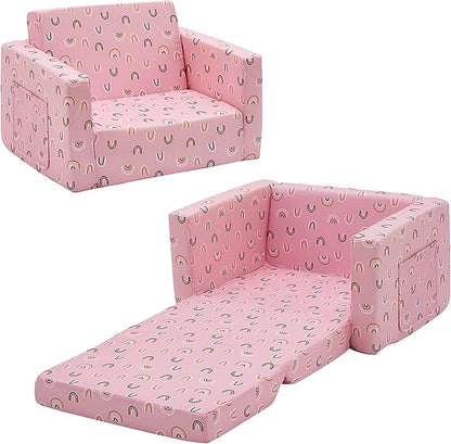 Ulax furniture Kids Sofa Chair Children FILP-Out Chair 2-in-1 Convertible Sofa to Sleeper Couch (Pink Rainbow)
