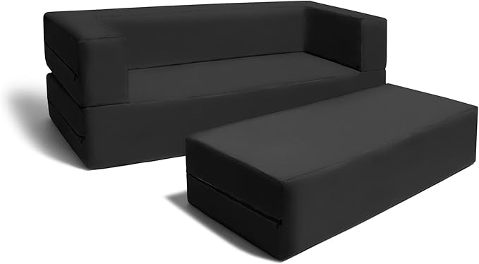 Jaxx Zipline Kids Sofa & Large Ottoman 3 in 1 Fold Out Sofa, Big Kids Edition Black