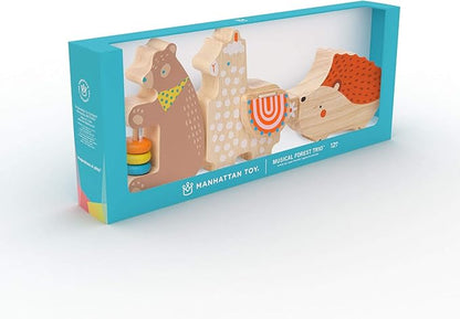 Manhattan Toy Musical Forest Trio 3 Piece Wooden Toy Set for Toddlers with Bear Rattle, Llama Clacker & Hedgehog Guiro