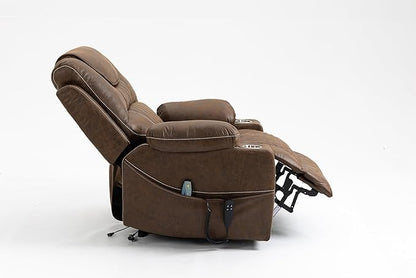 FANYE Electric Power Lift Chair for Elderly W/Massage and Heat, Infinite Positions 2 Remote Controllers Oversized Faux Leather Upholstered Recliner & Armchair W/Side Pockets & Cup Holders, Brown