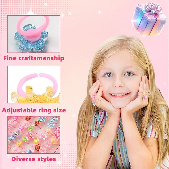 Little Girl Jewel Rings, Adjustable Pink Rings Girls Kids Pretend Play and Dress up Jewelry Set, Cute Rings with Display Case Party Favors Toys Gifts