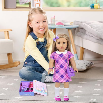 ZNTWEI American 18 Inch Doll Clothes and Makeup Accessories Playset Fit 18 Inch Doll includes Dolls Clothes Sunglasses Phone Eye Shadow Plate Bag Lipstick Bracelet Blusher Hairpins