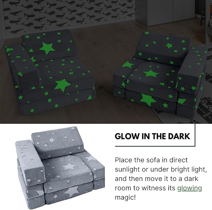 MeMoreCool Kids Couch, 10 Piece Modular Play Couch for Playroom, Fold Out Glow Star Toddler Bed, Foam Building Sofa for Boys and Girls
