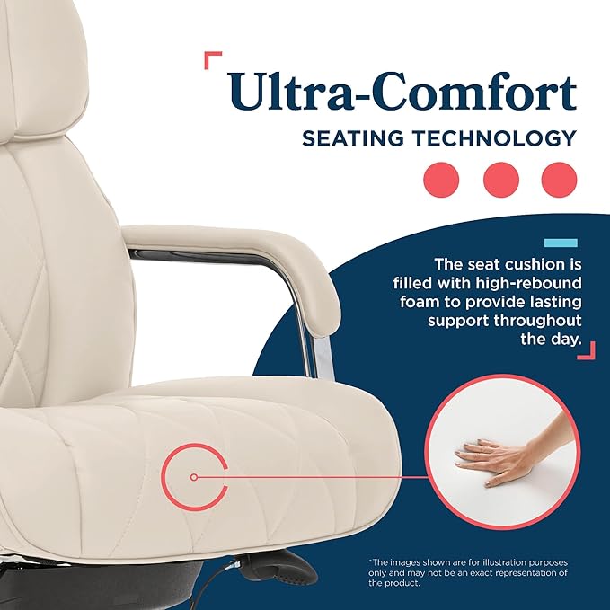 La-Z-Boy Sutherland Quilted Leather Executive Office Chair with Padded Arms, High Back Ergonomic Desk Chair with Lumbar Support, Ivory White Bonded Leather