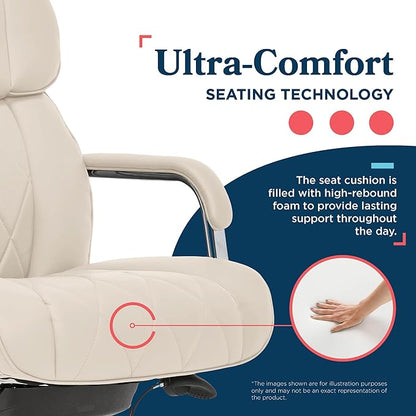 La-Z-Boy Sutherland Quilted Leather Executive Office Chair with Padded Arms, High Back Ergonomic Desk Chair with Lumbar Support, Ivory White Bonded Leather