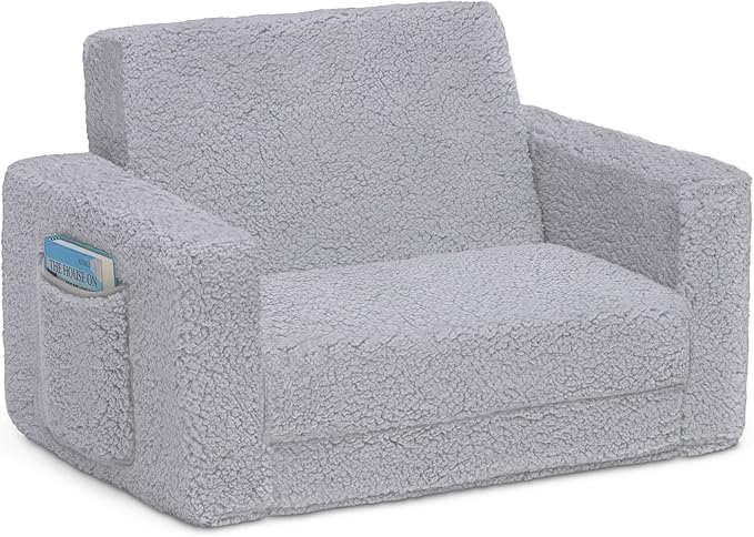 Delta Children Cozee Flip-Out Sherpa 2-in-1 Convertible Chair to Lounger for Kids, Grey