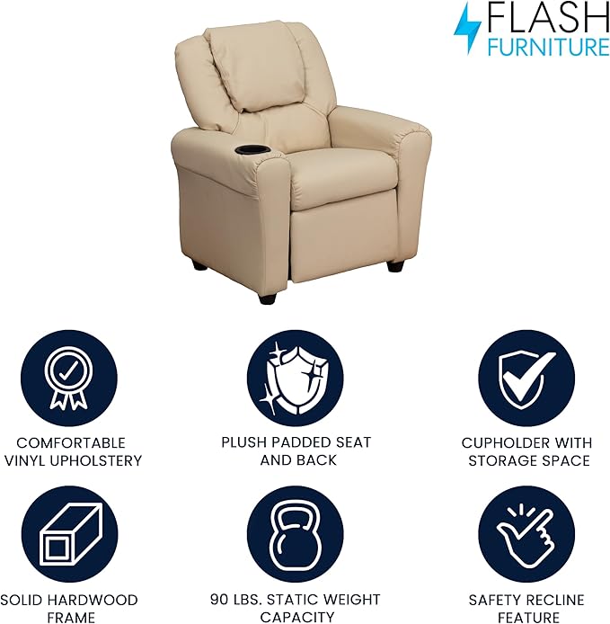 Flash Furniture Vana Vinyl Kids Recliner with Cup Holder, Headrest, and Safety Recline, Contemporary Reclining Chair for Kids, Supports up to 90 lbs., Beige