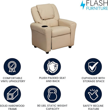 Flash Furniture Vana Vinyl Kids Recliner with Cup Holder, Headrest, and Safety Recline, Contemporary Reclining Chair for Kids, Supports up to 90 lbs., Beige