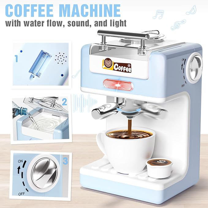 Pretend Play Kitchen Appliances Toy Set with Realistic Coffee Maker Machine, Toaster, Mixer and Blender, Kids Kitchen Playset with Sound & Light for Kids Age 3–5 4-8