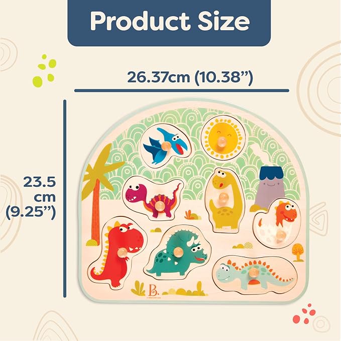 B. toys- Stomping Dinos- Wooden Peg Puzzle – Dinosaur Puzzle – 8 Pieces – Classic Toys for Toddlers, Kids – 18 Months +