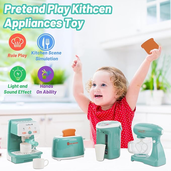 Kitchen Appliances for Kids Pretend Play Set Cooking Toys with Coffee Maker, Blender, Mixer, Toaster, Play Food, Utensils Kitchen Accessories Set for Girls Boys Gift
