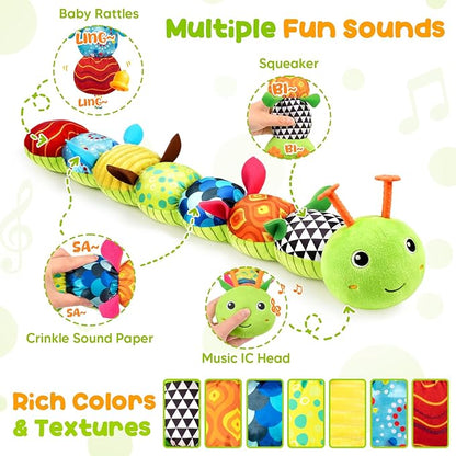 Baby Toys Musical Caterpillar, Infant Stuffed Animal for 0-6 6-12 Months with Crinkle and Rattles, Tummy Time Sensory Toys Newborn Boys Girls Gifts 0 3 6 9 12 Months - Green