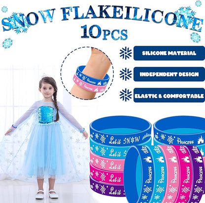 110Pcs Snowflake Birthday Party Favors Supplies kids Girl Winter Party Decorations Set Include Stickers, Hair clips, Necklaces, Rings, Hair Ties, Hair clips, Bracelets