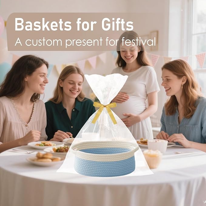 JMvicyroam Woven Basket,Small Rope Storage Bin with Handles & Ribbon Bag, Organizer for Shelves Closets,Gift Basket Empty for Birthday,Books,Dog Toys, White&Blue