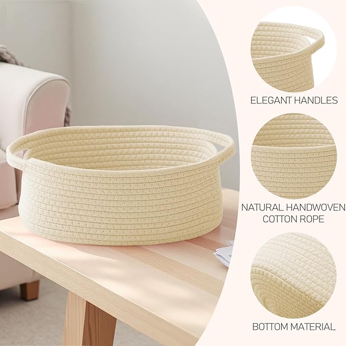 JMvicyroam Woven Basket,Small Rope Storage Bin with Handles & Ribbon Bag, Organizer for Shelves Closets,Gift Basket Empty for Birthday,Books,Dog Toys,Beige/2 Pack