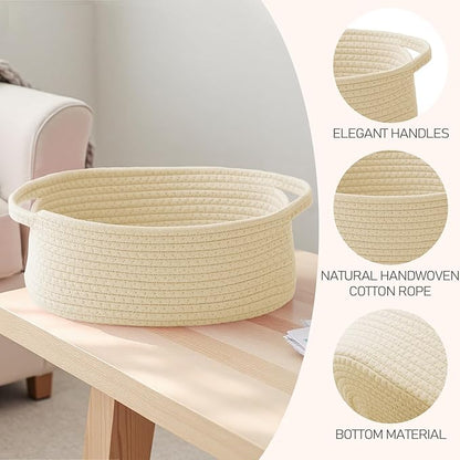 JMvicyroam Woven Basket,Small Rope Storage Bin with Handles & Ribbon Bag, Organizer for Shelves Closets,Gift Basket Empty for Birthday,Books,Dog Toys,Beige/2 Pack