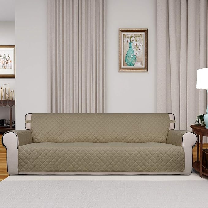 PureFit Reversible Quilted Sofa Cover, Water Resistant Slipcover Furniture Protector, Washable Couch Cover with Non Slip and Elastic Straps for Kids, Dogs, Pets (XX Large, Beige/Beige)