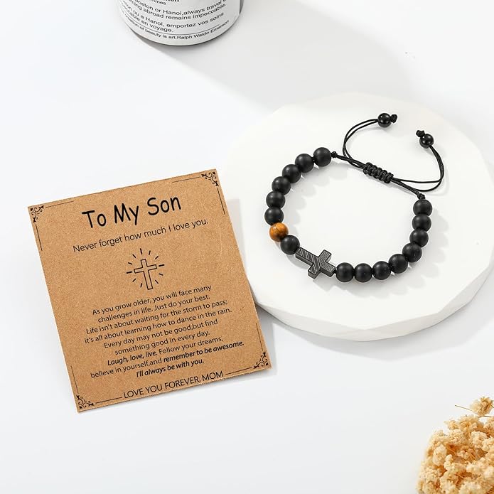 P. BLAKE First Communion Confirmation Baptism Gifts for Boys Teens, American Flag Cross Natural Beads Bracelet Christian Religious Jewelry Gifts for Teen Boys Kids