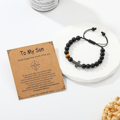 P. BLAKE First Communion Confirmation Baptism Gifts for Boys Teens, American Flag Cross Natural Beads Bracelet Christian Religious Jewelry Gifts for Teen Boys Kids
